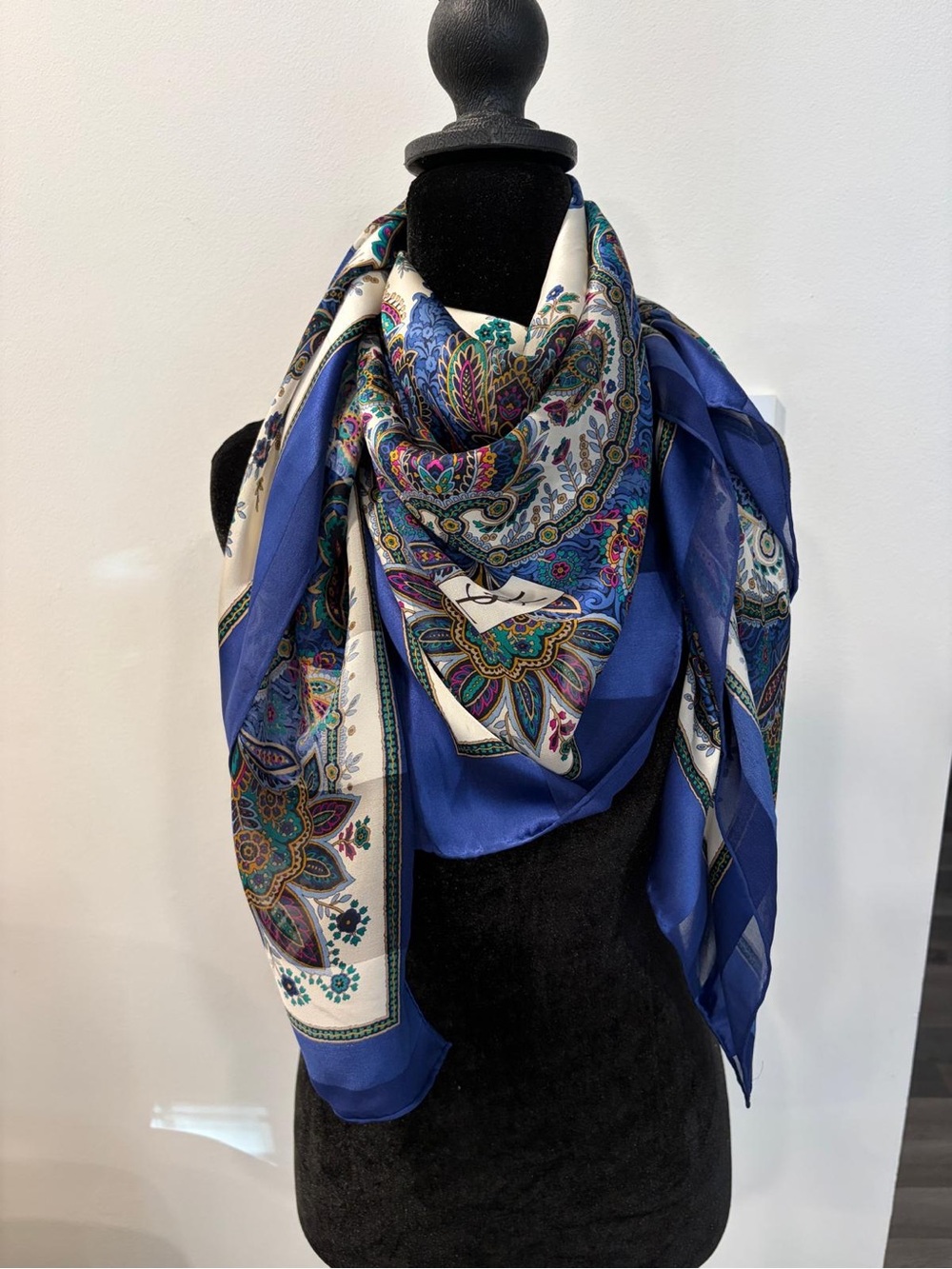 YSL Silk Scarf Blue White Paisley Logo 41 Inch Hand Rolled - Picture 2 of 11
